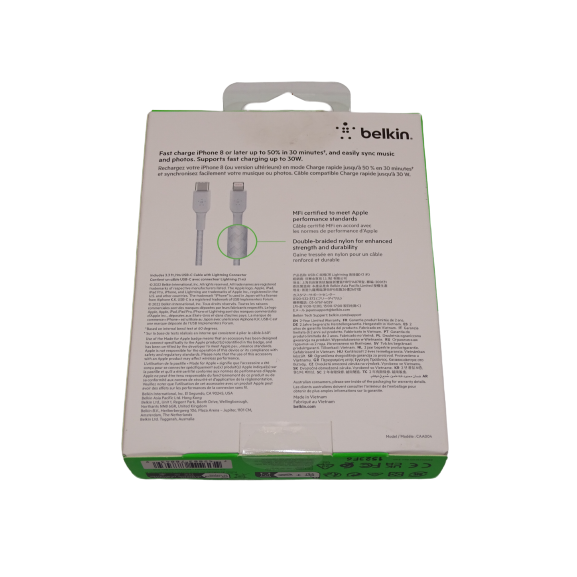 Belkin Braided USB-C to Lightning 1m Cable - White - New