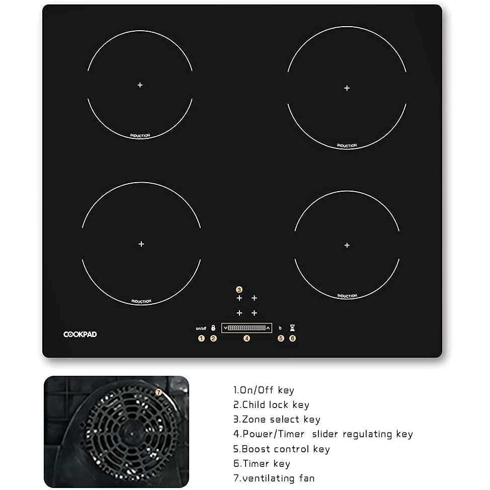 COOKPAD Induction Hob 4 Rings, Built in Electric Hob, 60cm Induction Cooktop with Crystal Black Glass Panel, Child Lock,Slider Control 32A 6400W