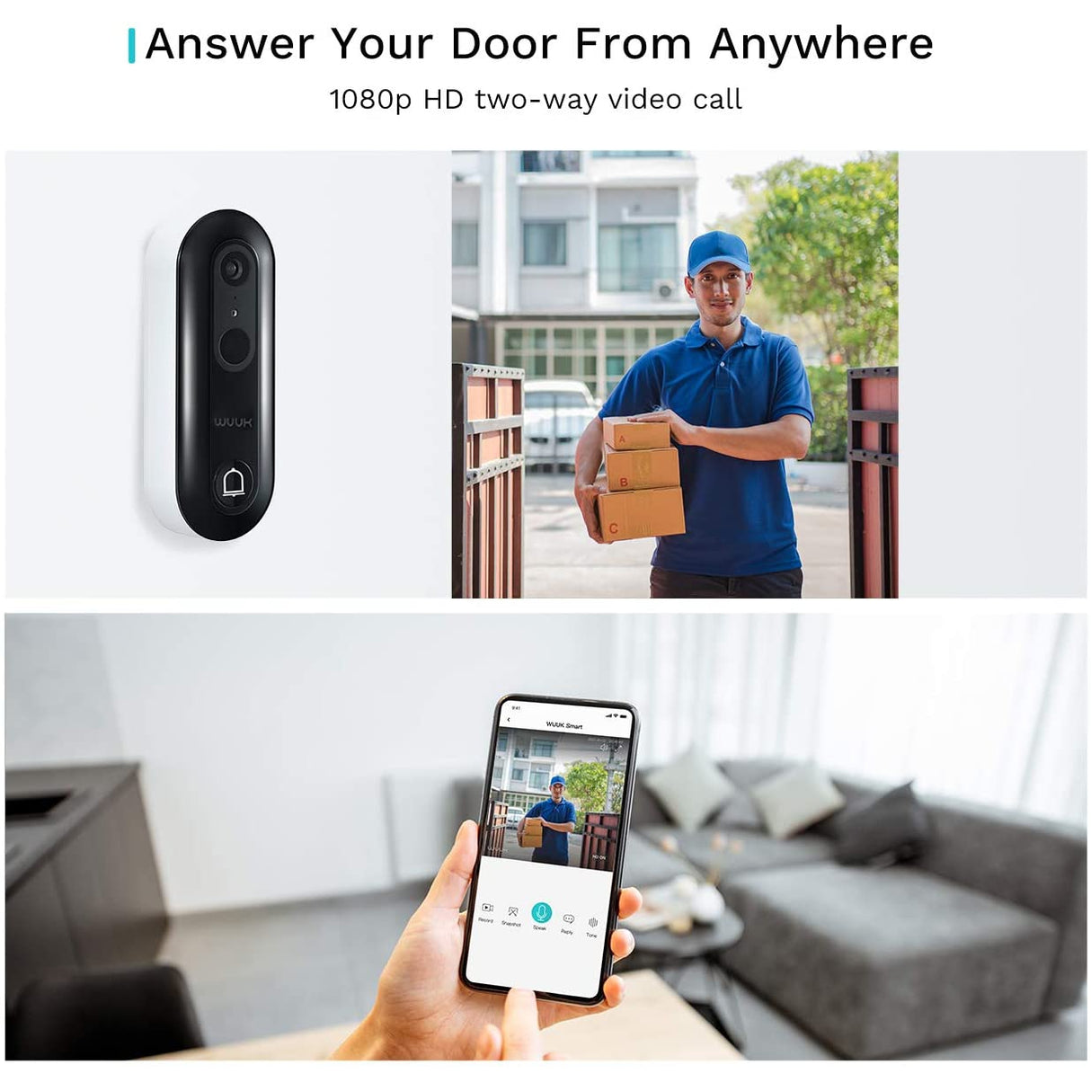 Wuuk Smart Doorbell Battery-Powered Video Security Wireless Doorbell Camera 2.4GHz WiFi, Motion Detector, 2-Way Audio, Night Vision