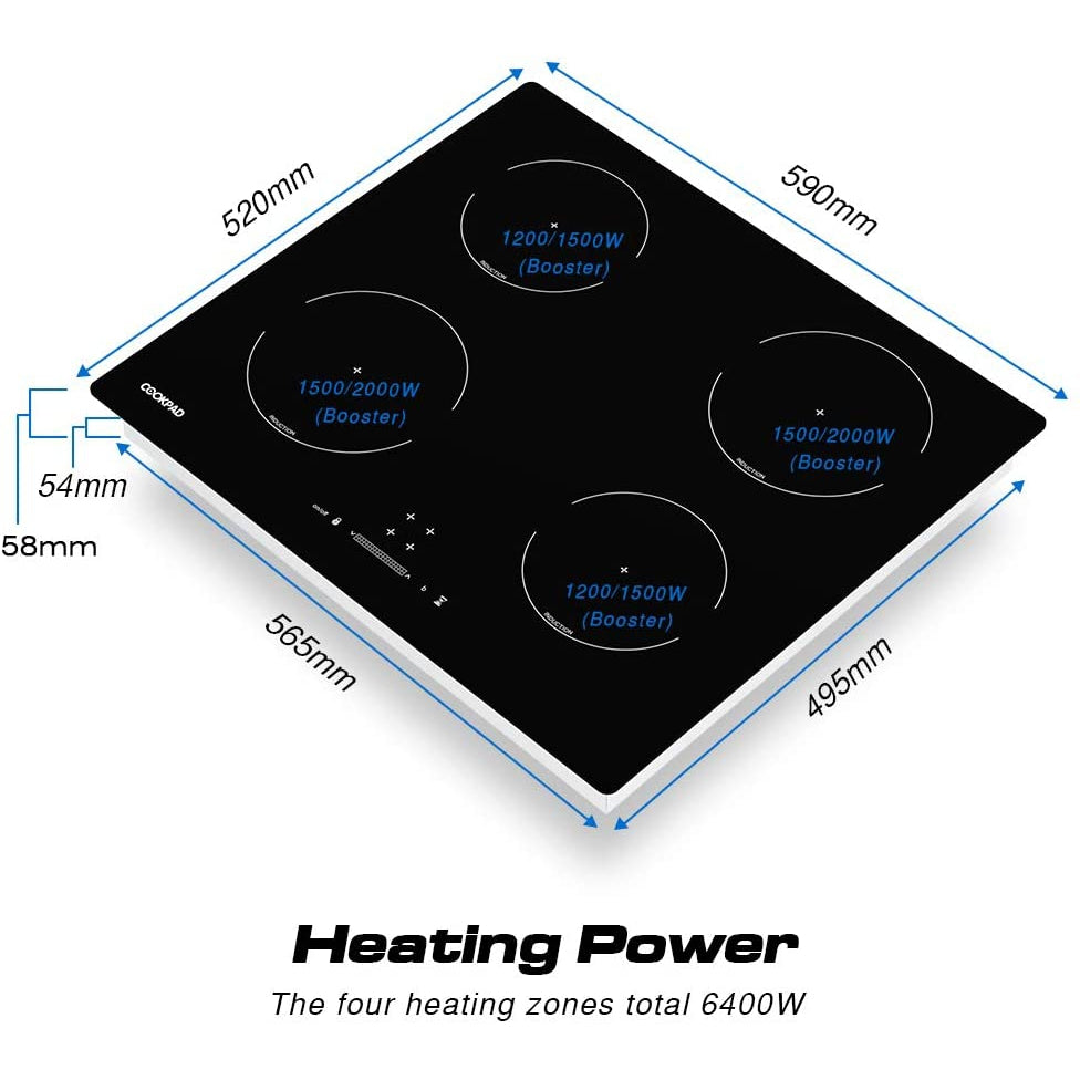 COOKPAD Induction Hob 4 Rings, Built in Electric Hob, 60cm Induction Cooktop with Crystal Black Glass Panel, Child Lock,Slider Control 32A 6400W