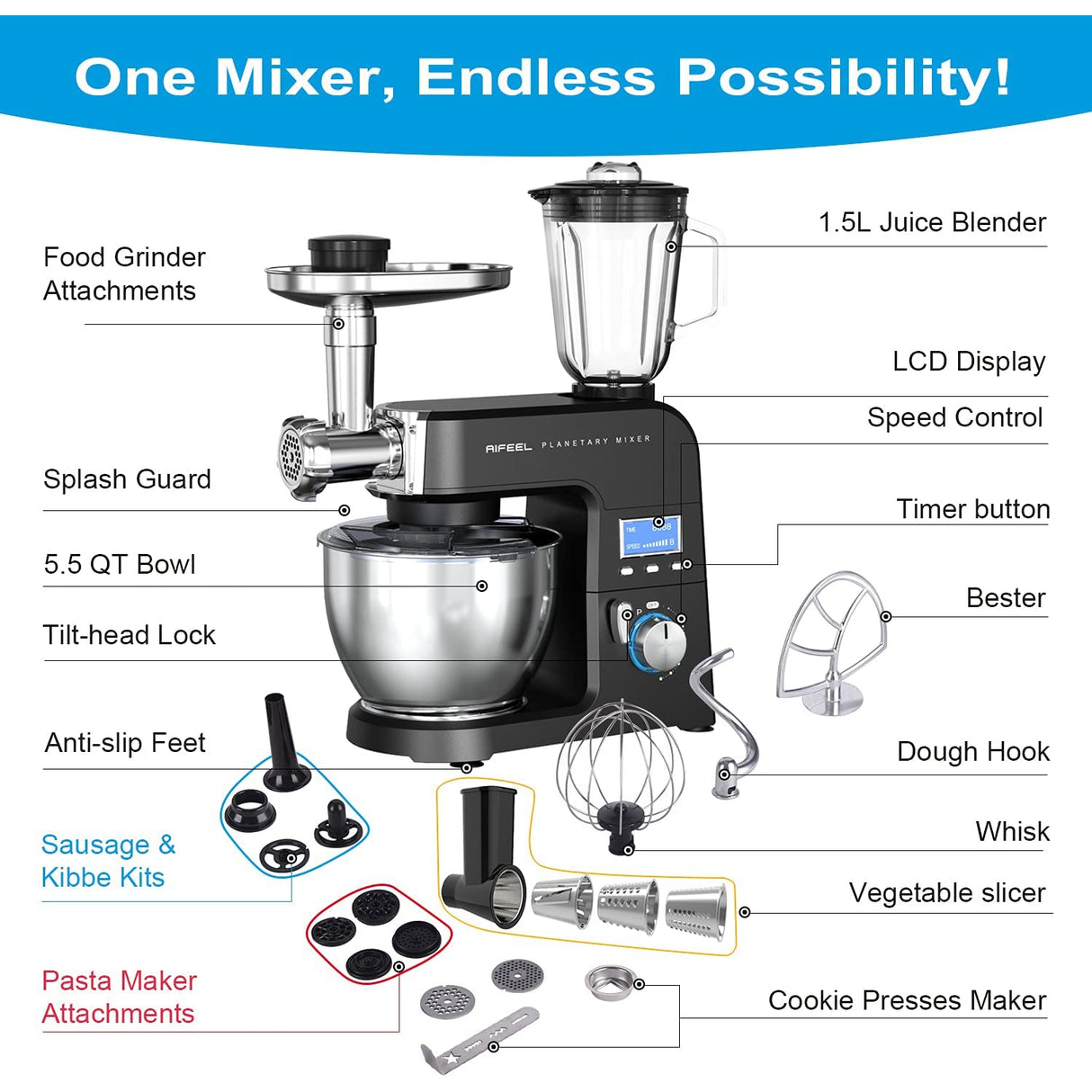 Stand Mixer for Baking, AIFEEL 9 in 1 High-end Metal Multifunctional Kitchen Mixer, 1500W 5.5L Dough Cake Mixer