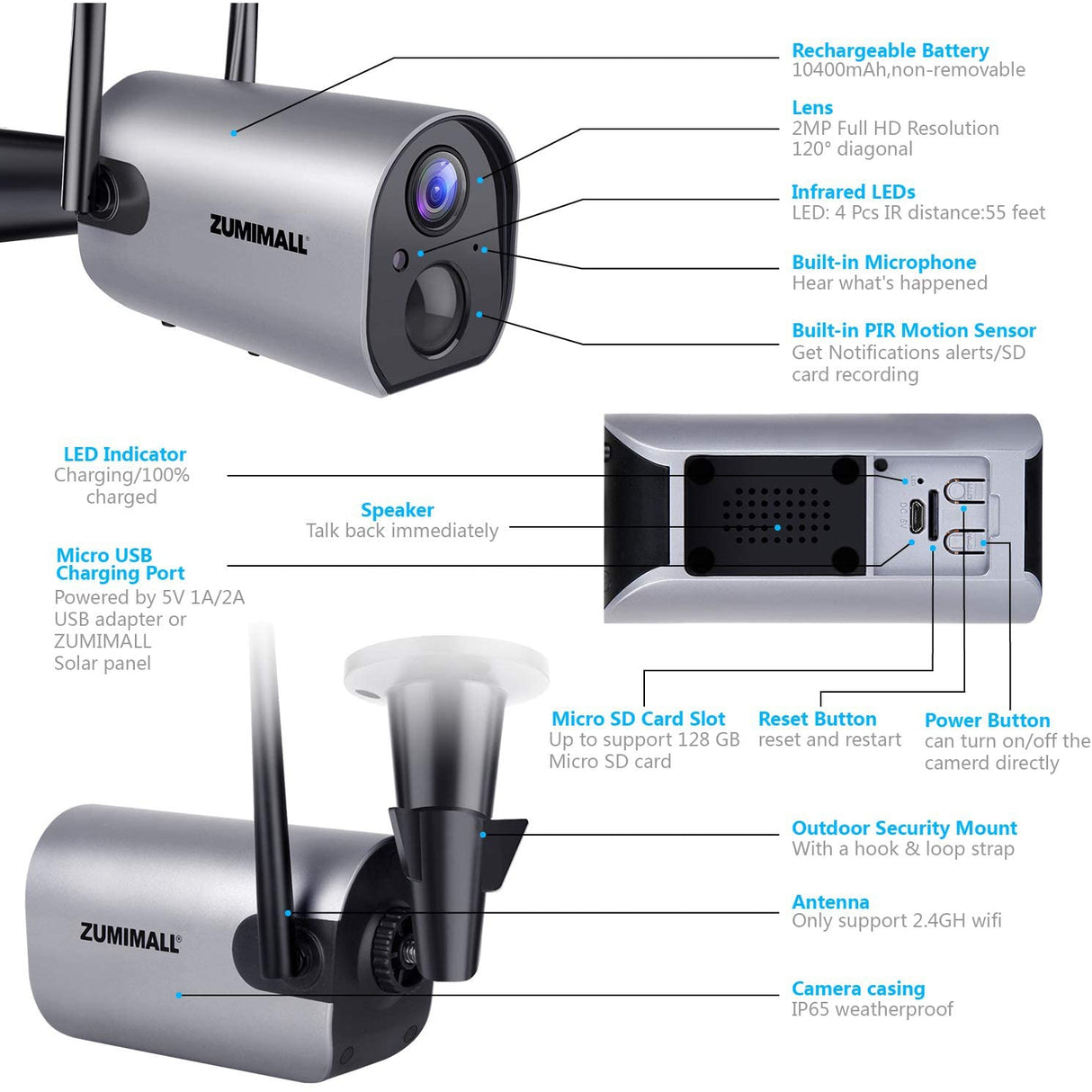 Zumimall Wireless Outdoor Security Camera - Grey