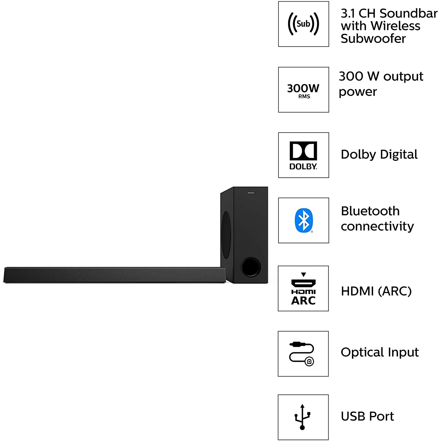 Philips Soundbar TV HTL3320/10 TV Subwoofer Soundbar (Bluetooth, Dolby Audio, 300 W, Wireless Subwoofer, HDMI ARC, USB) Black