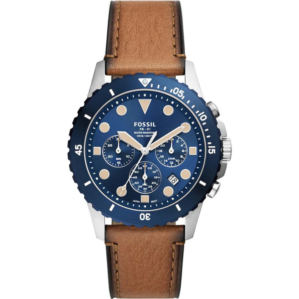 Fossil FS5914 Chronograph Tan Eco Leather Watch - Blue/Brown - Refurbished Pristine