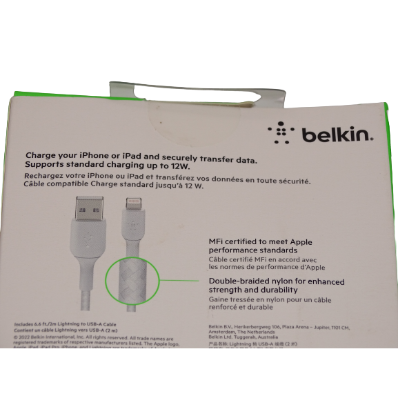 Belkin Braided USB-A to Lightning 2m Cable - White - New