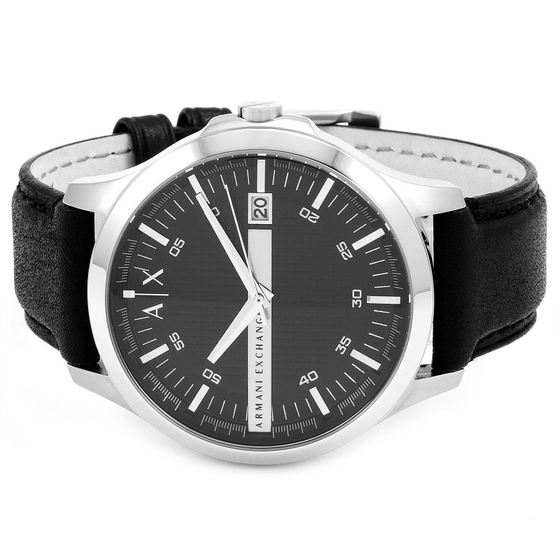 Armani AX2101 Three-Hand Date Leather Watch - Black