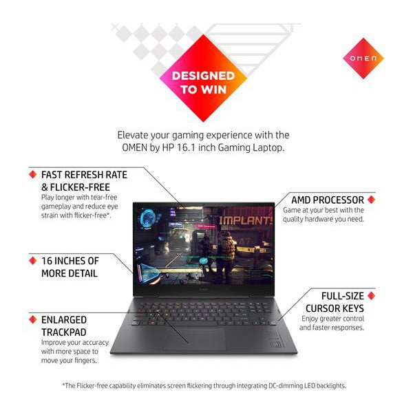HP Omen 16-C0500NA 16.1'' Gaming Laptop, AMD Ryzen 7, 16GB RAM, 512GB SSD, Black (4S1C6EA#ABU) - Refurbished Pristine
