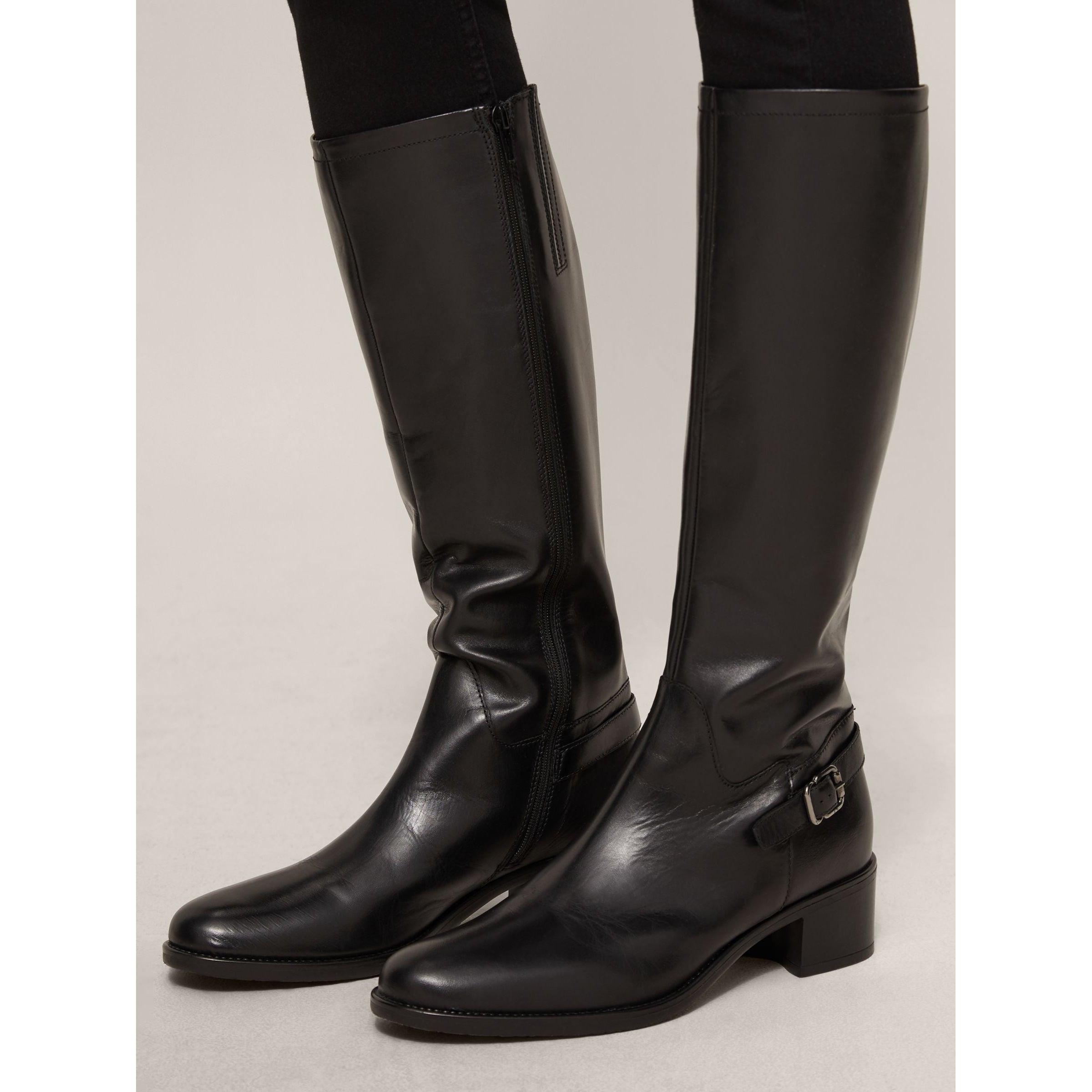 John Lewis & Partners Seattle Slim Block Heeled Leather Calf Boots, Black