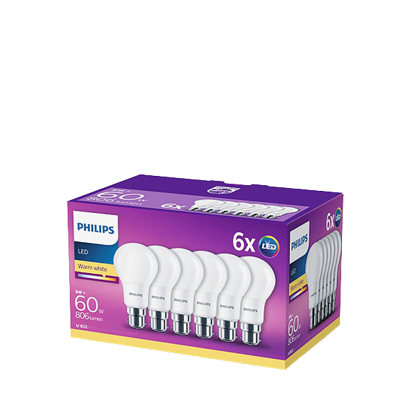 Philips 8W BC Classic LED Warm White Light Bulb, Pack of 6