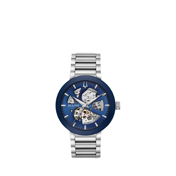 Bulova 96A204 Men's Modern Automatic Skeleton Bracelet Strap Watch, Silver / Blue
