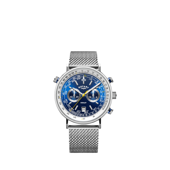 Rotary GB05235/05 Men's Henley Chronograph Date Bracelet Strap Watch, Silver/Blue