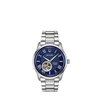 Bulova 96A218 Men's Wilton Automatic Heartbeat Bracelet Strap Watch, Silver / Blue