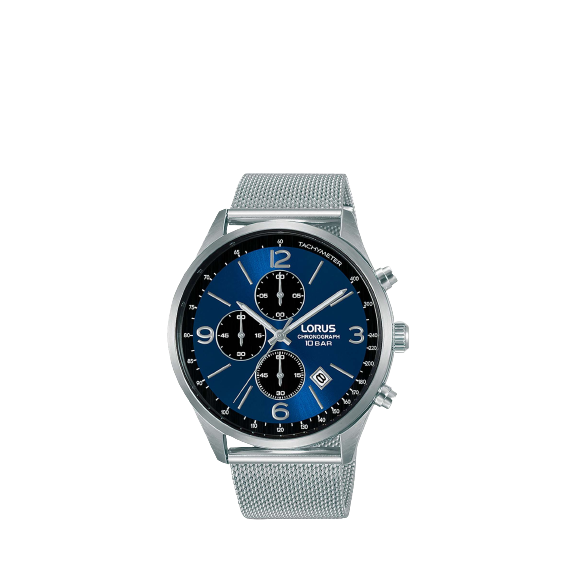 Lorus RM315HX9 Men's Chronograph Date Mesh Bracelet Strap Watch, Silver / Blue