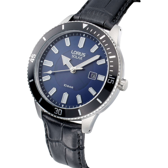 Lorus RX317AX9 Men's Solar Date Leather Strap Watch, Black / Blue