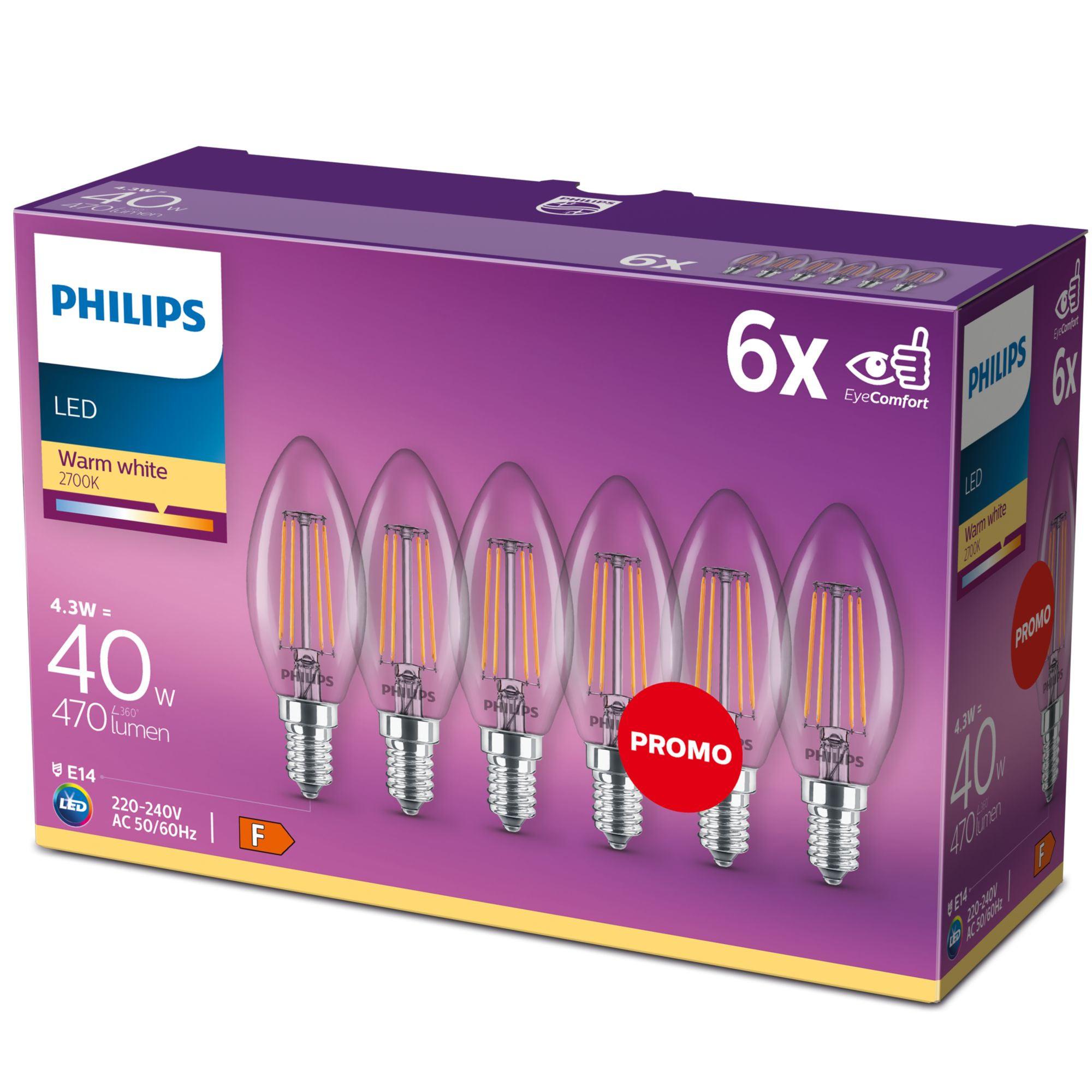 Philips LED Warm White 4.3W 470 Lumen Energy-Saving Lamps E14 - 6 Pack