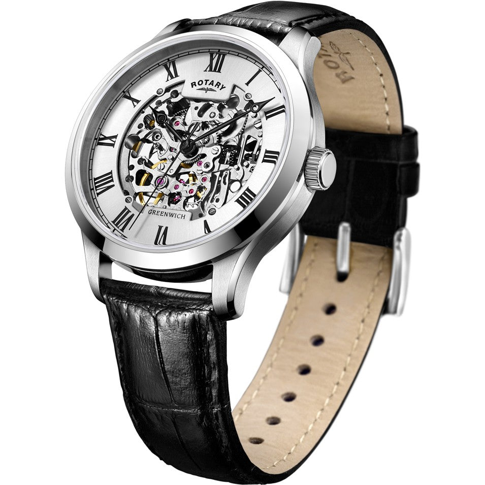 Rotary Men's GS02940/06 Greenwich Skeleton Leather Watch - Black