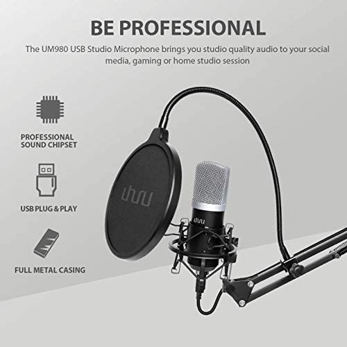 Uhuru UM-980 Cardioid PC Streaming Microphone Kit with Professional Sound Chipset Desktop Stand, Shock Mount & Pop Filter