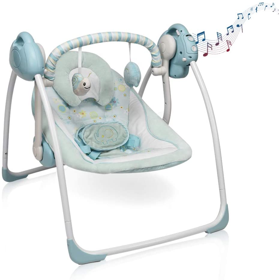 iEcopower Electric Baby Swing, Blue Newborns Bouncer Infant Seat with 6 Swinging Speed 16 Melodies and a Mosquito net, New Cradle for Little Babies