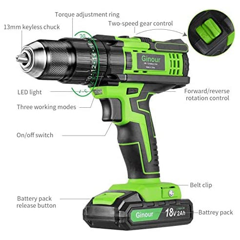 Ginour 18V Combi Drill, Hammer Drill,20+3 Torque,66 Accessories, 2Pcs 2000mAh Lithium Batteries, 45N.m Electric Drill Screwdriver