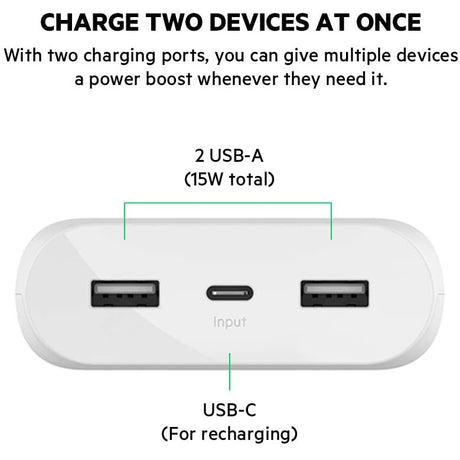 Belkin Boost Charge Power Bank 20K (Portable Charger with Dual USB Ports, 20000 mAh Capacity, Battery Pack) - White