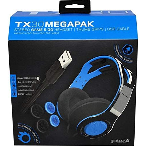 Gioteck TX30 Megapack Stereo Headset, Thumb Grips, USB Charging Cable for PS4, Blue