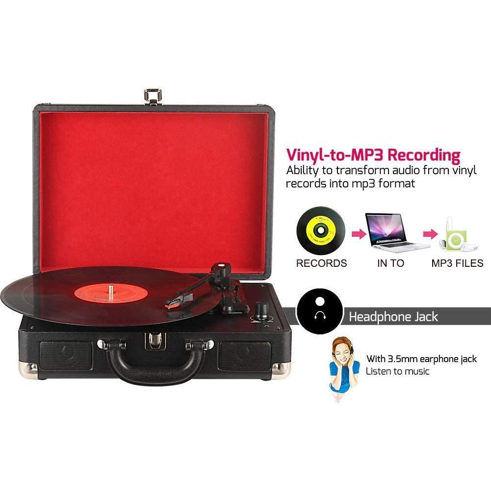 Digitnow Three Speeds Turntable Retro Record Player with Built-in Stereo Speakers, Supports USB, Headphone Jack ,Suitcase Design