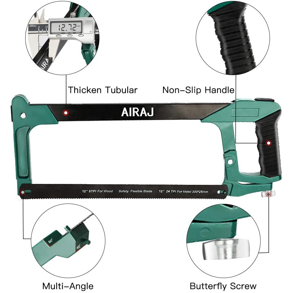 AIRAJ Hacksaw Frame with Blacksaw Blades x 10