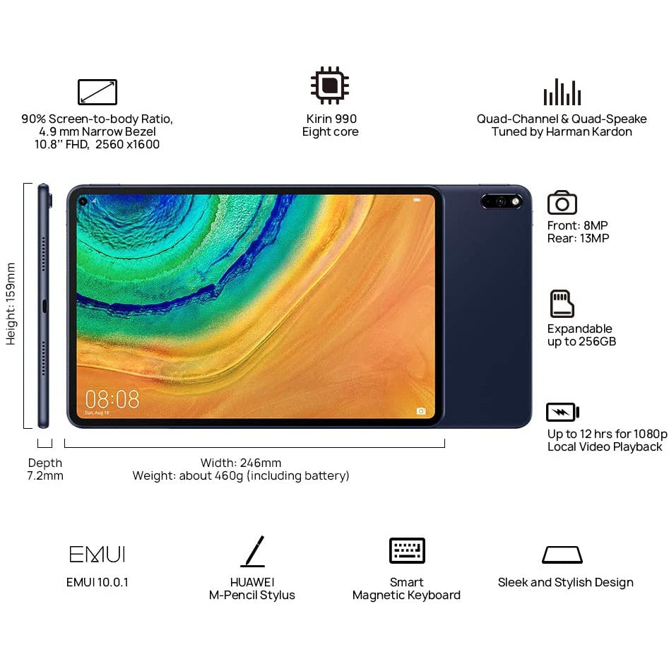 Huawei MatePad Pro 10.8-inch 2K FullView Tablet, Kirin 990, 6 GB RAM, 128 GB ROM, Multi-screen Collaboration, Midnight Grey