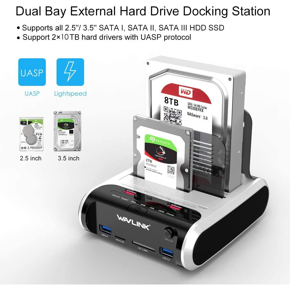 Wavlink 2 Bay HDD Docking Station for 2.5 & 3.5 inch HDD SSD SATA, HDD Caddy Support Offline Clone, 2X10TB, UASP, Tool-Free