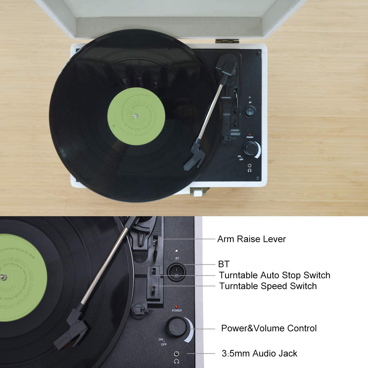 Musitrend Record Player Turntable Bluetooth Vinyl Player - White