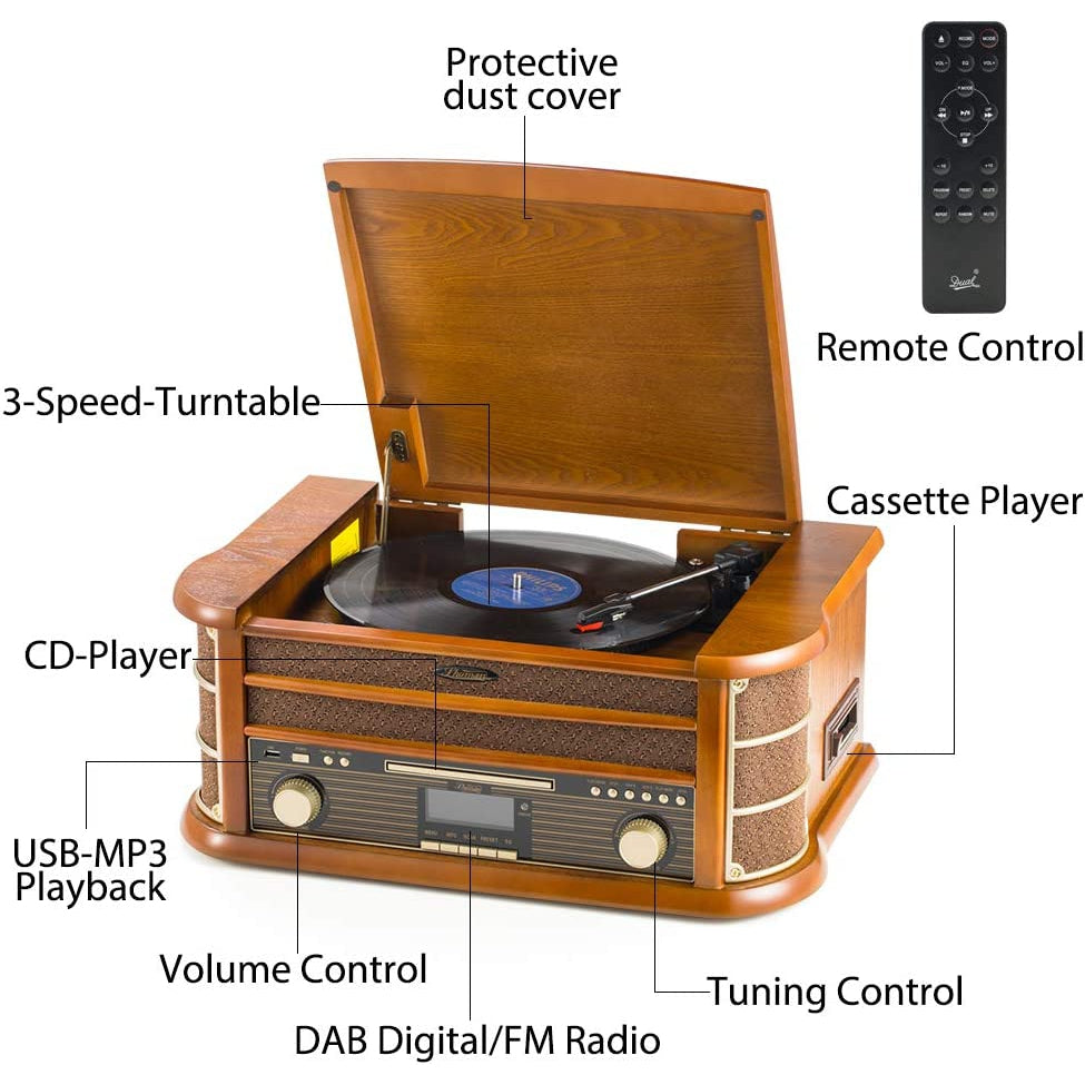 Shuman MC-250DBT Vintage 8-in-1 Wireless Music Centre with Remote Control