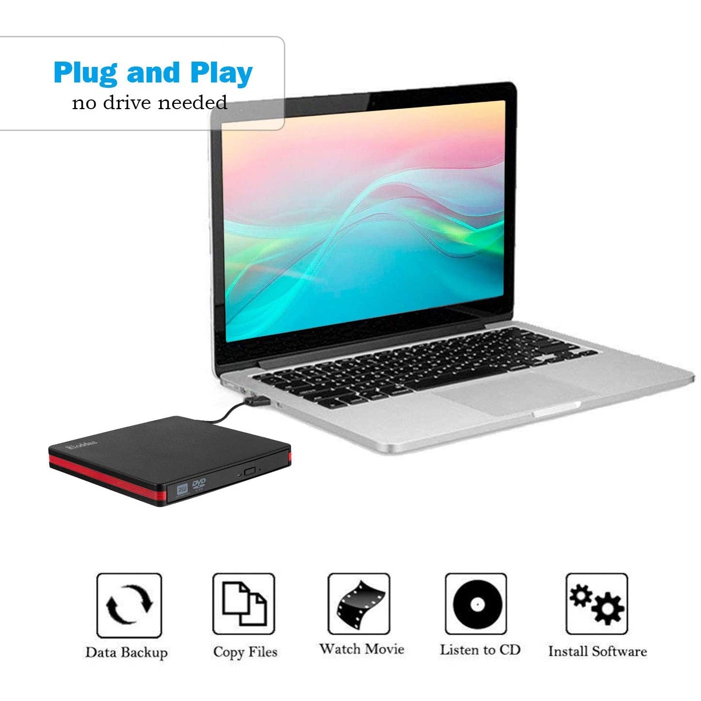 Rioddas External Drive USB 3.0 Portable CD Drive for Desktop & MacBook