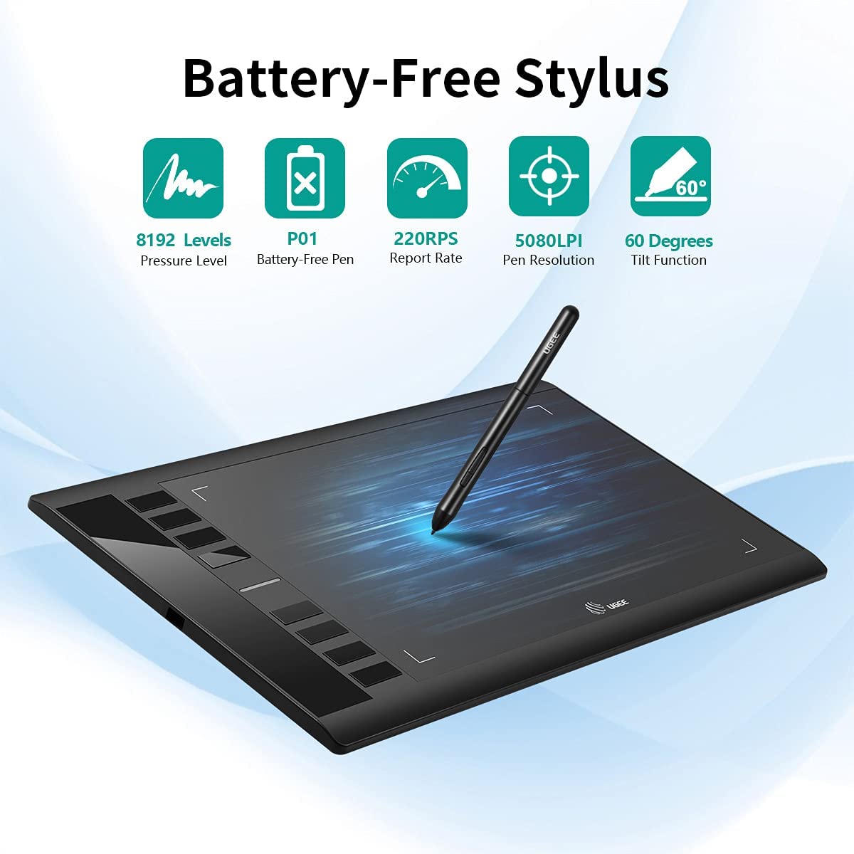Ugee M708 Graphics Tablet,10 x 6 inch Digital Drawing Tablet with Battery-Free Stylus