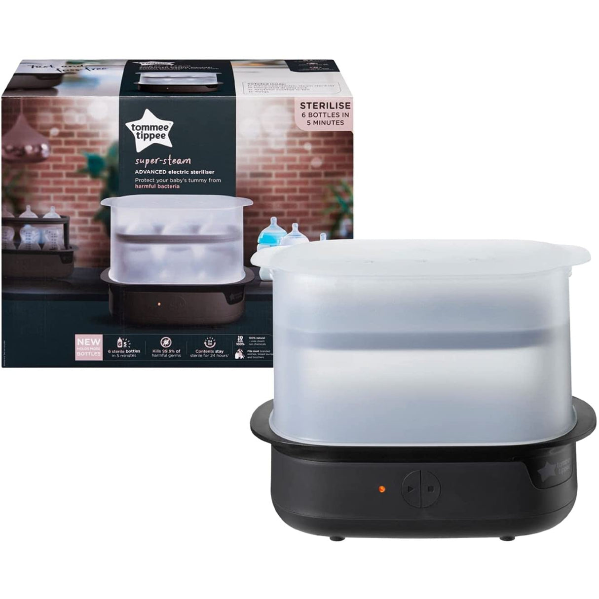 Tommee Tippee Advanced Steam Electric Steriliser for Baby Bottles, 99.9% of Bacteria, 5-Minute Sterilisation Cycle