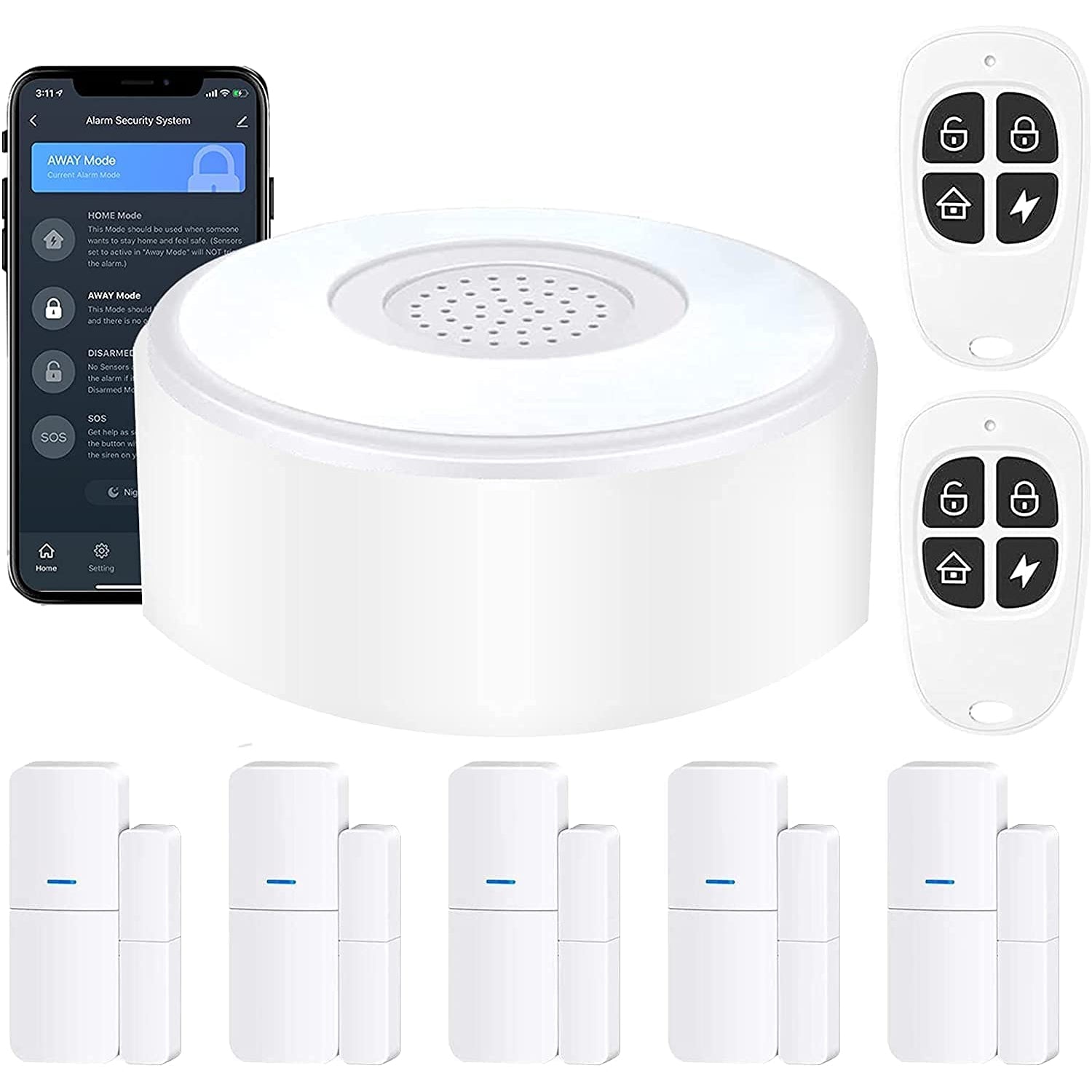 AGSHome Home Security Alarm System, 8-piece Kit, Wireless, Smartphone Alert, Featuring 1 Alarm Siren, 5 Door Window Sensors, 2 Remote Key Fobs