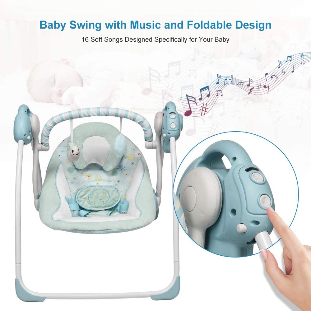 iEcopower Electric Baby Swing, Blue Newborns Bouncer Infant Seat with 6 Swinging Speed 16 Melodies and a Mosquito net, New Cradle for Little Babies