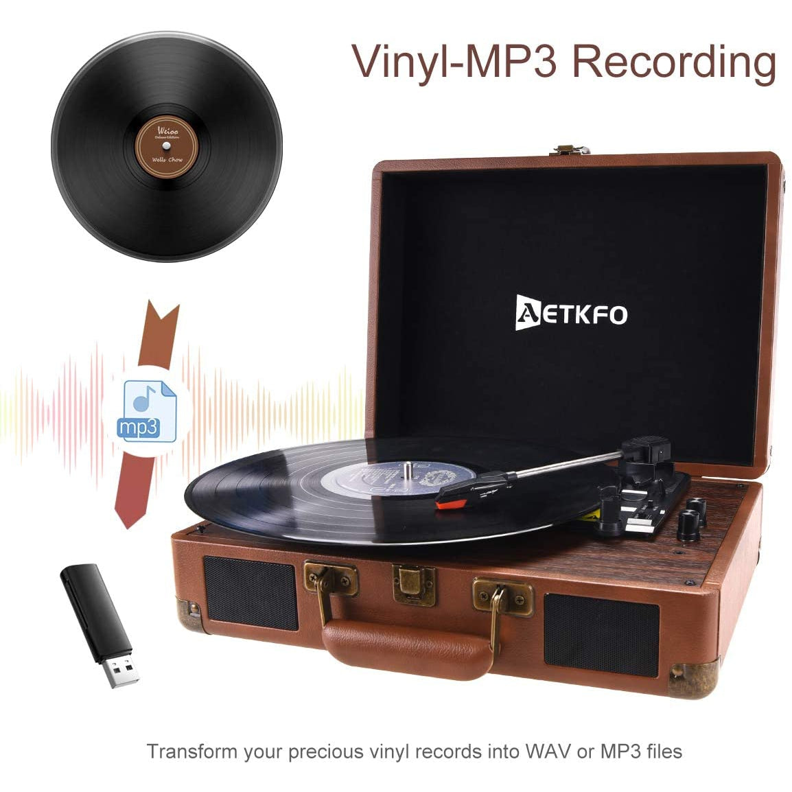 AETKFO Bluetooth Turntable 3-Speed Vinyl Record Player - Brown