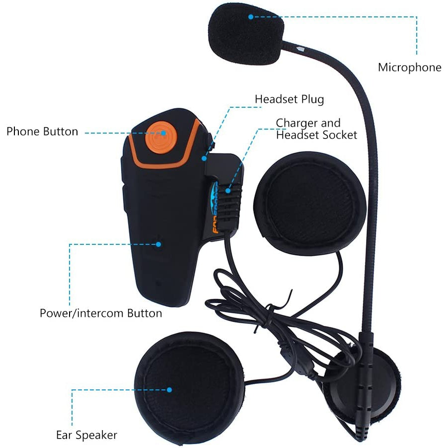 Fodsports BT-S2 Motorcycle Helmet Intercom Headset Water Resistant Bluetooth Interphone Communication System with 1000m