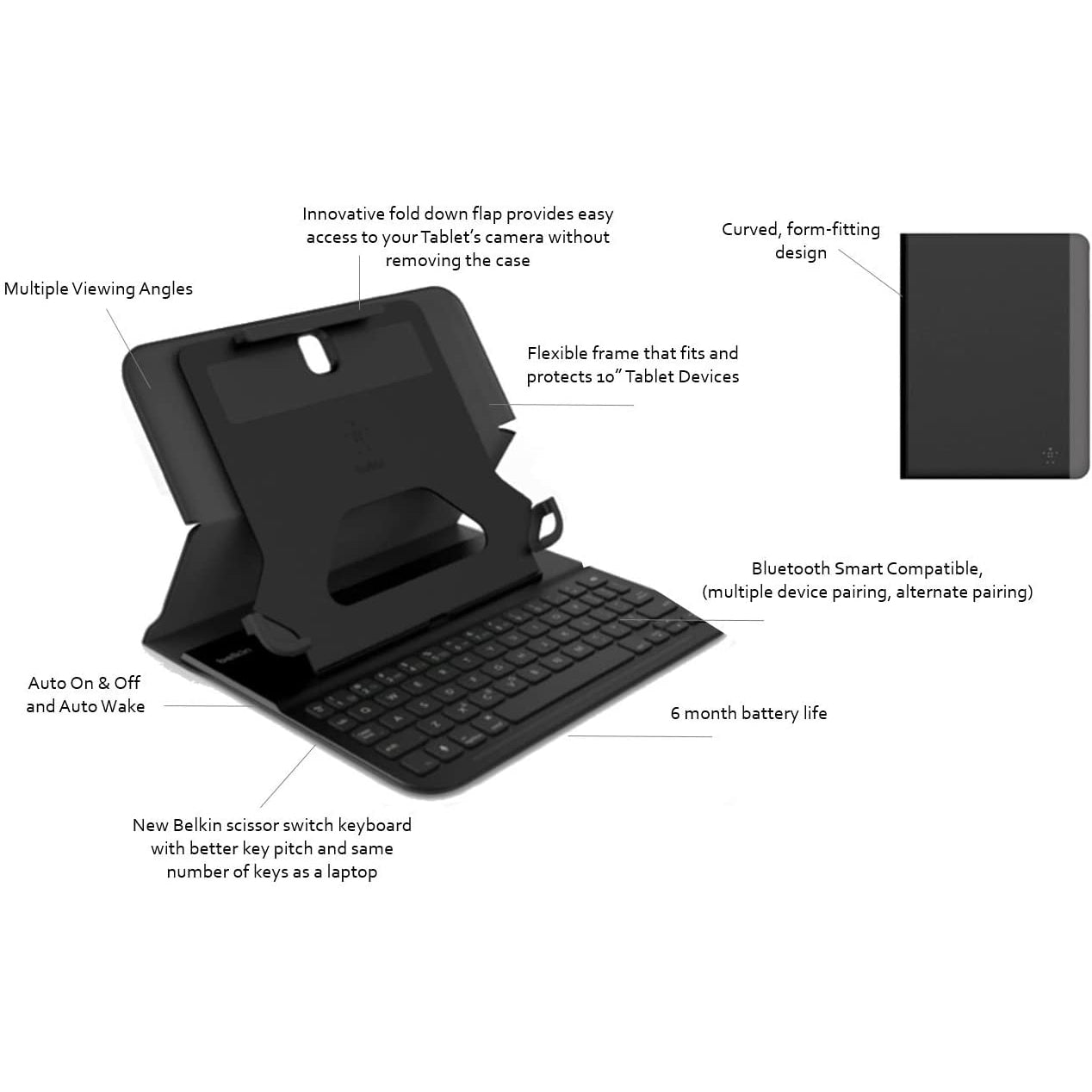 Belkin QODE Slim Style Keyboard Case for 10" Tablets, Universal Bluetooth - Black