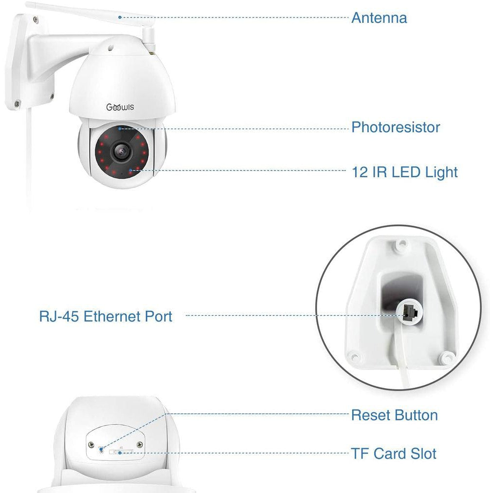 Goowls PTZ Outdoor Indoor Security Camera 2.4G WiFi Smart App Surveillance 1080p - White