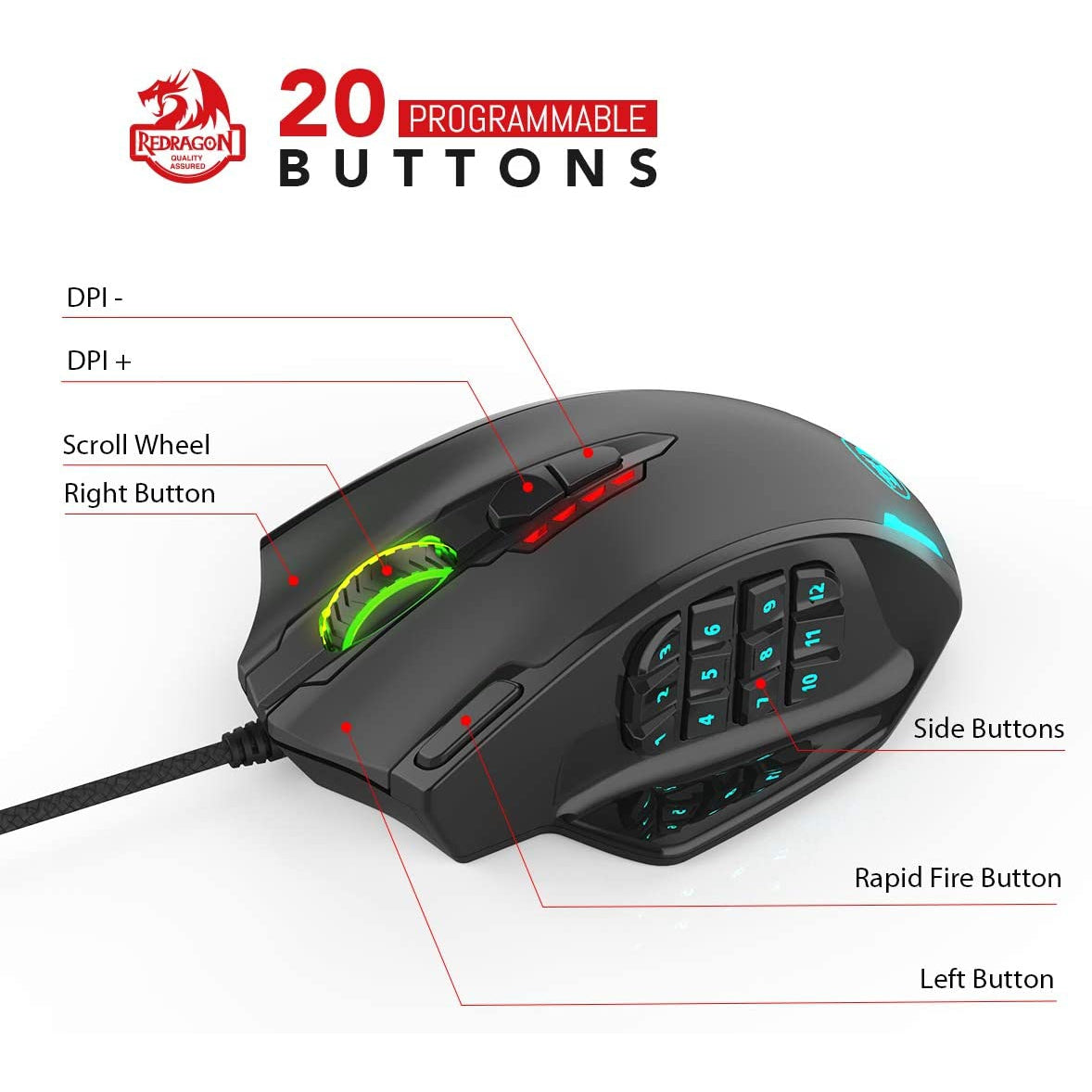 Redragon M908 IMPACT RGB LED MMO Mouse Laser Wired Gaming Mouse with 12,400DPI, High Precision, 18 Programmable Mouse Buttons