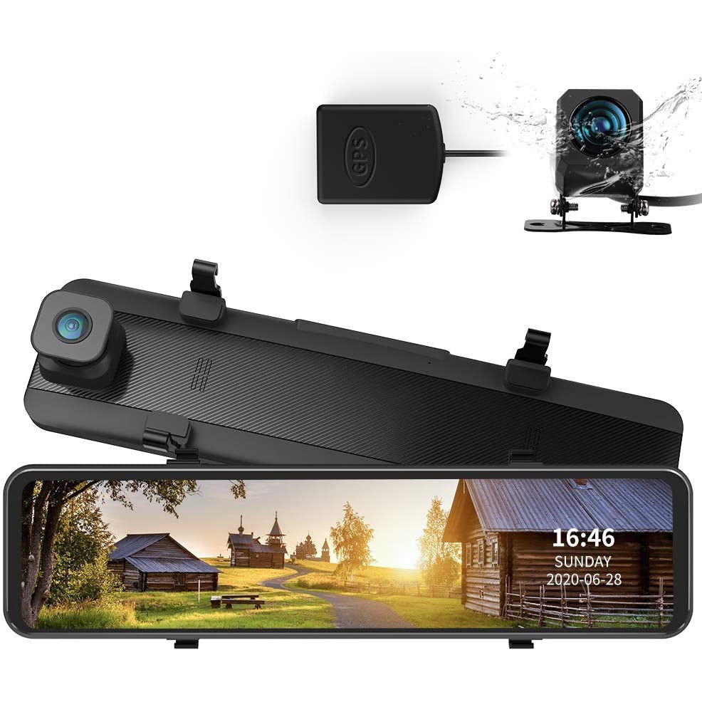 Autosoct 2K Dual Mirror Dash Cam with GPS and 12" IPS Touch Screen