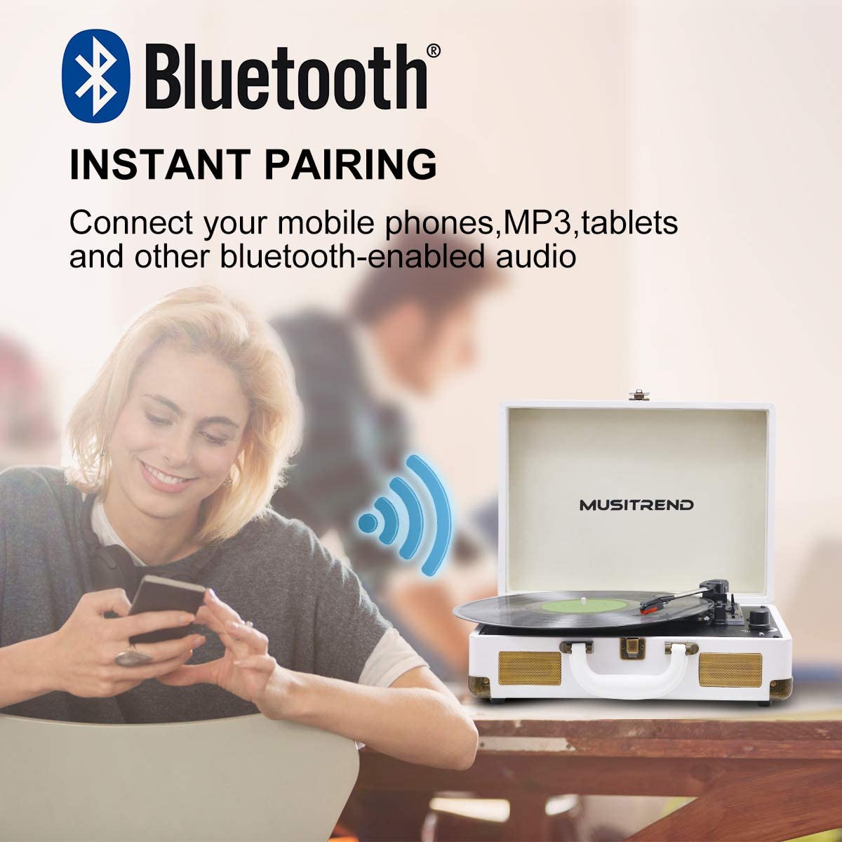 Musitrend Record Player Turntable Bluetooth Vinyl Player - White
