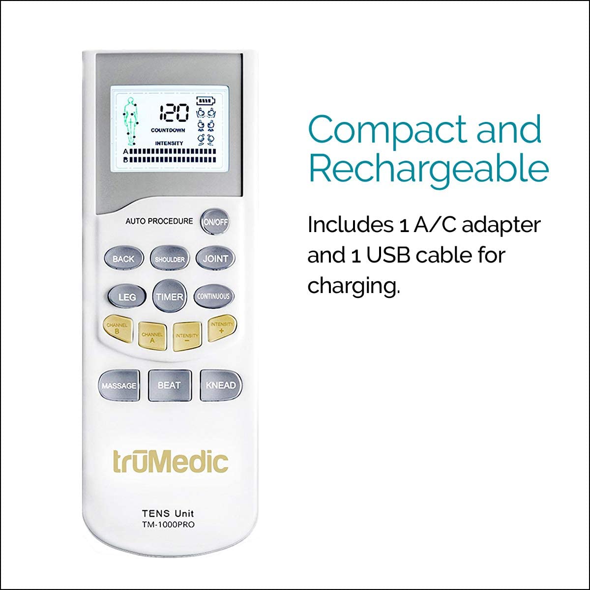 TruMedic TM-1000PRO Deluxe Tens Massager Unit for Pain Relief - White
