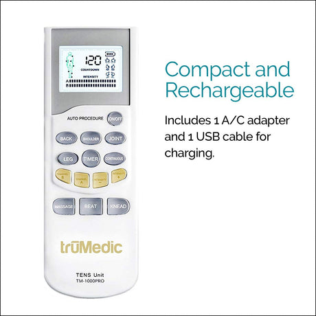 TruMedic TM-1000PRO Deluxe Tens Massager Unit for Pain Relief - White