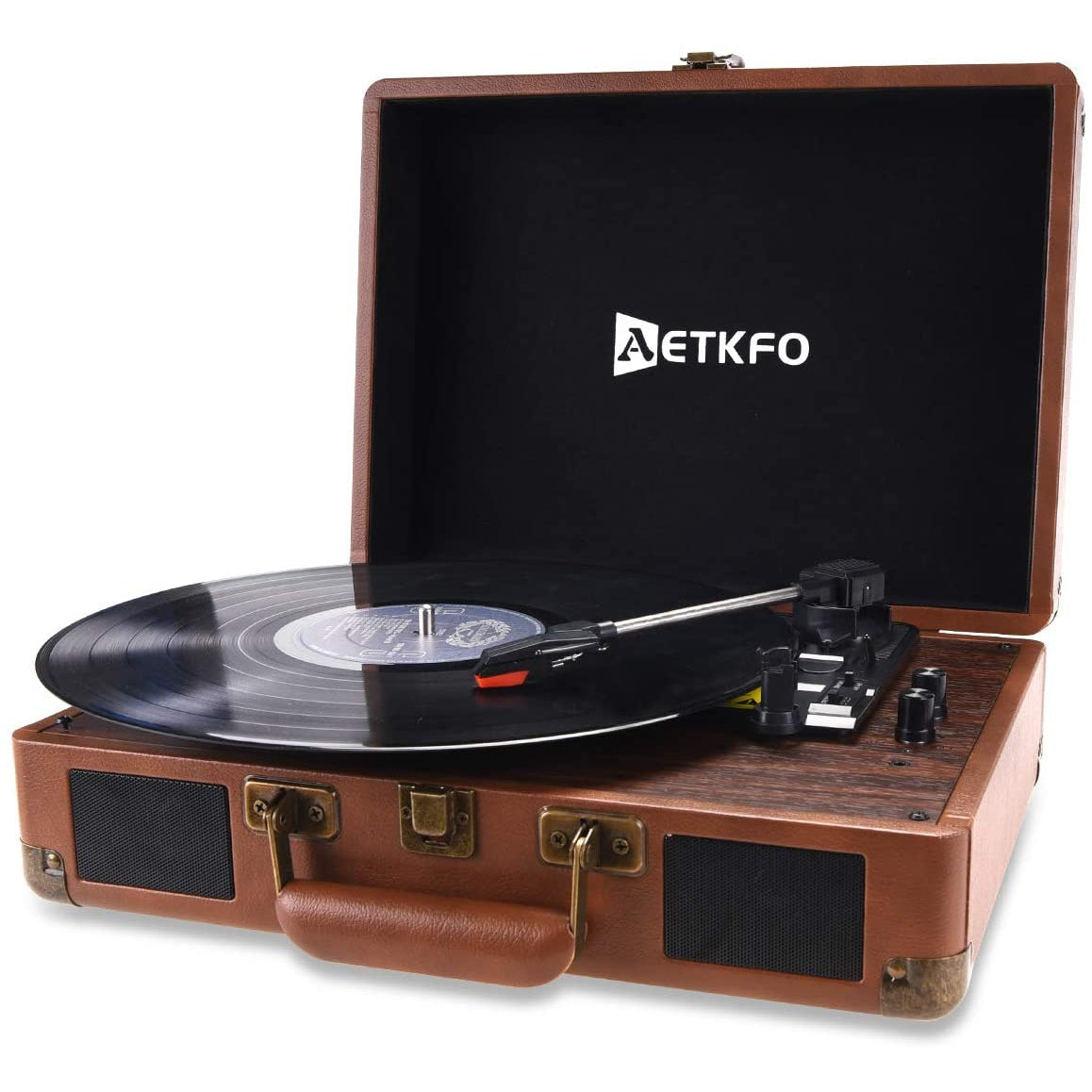 AETKFO Bluetooth Turntable 3-Speed Vinyl Record Player - Brown