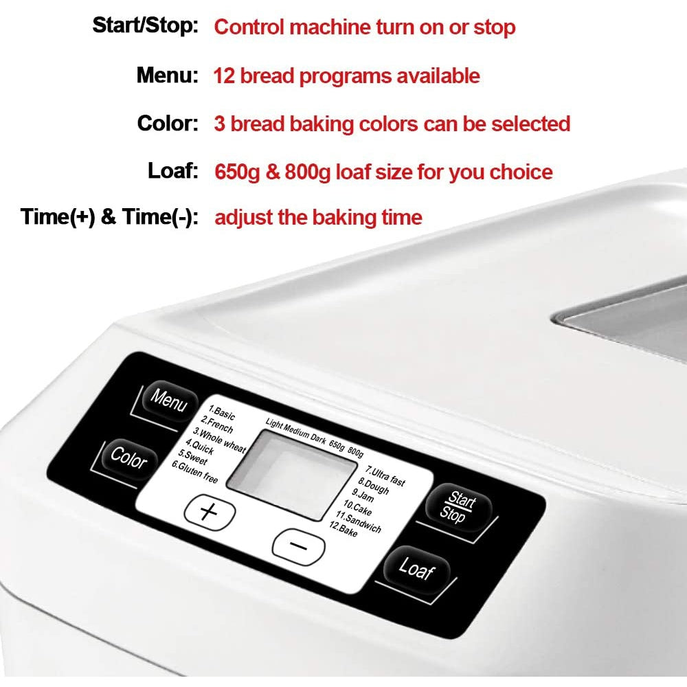 AUCMA Automatic Bread Maker Gluten Free Menu 2LB, 12 Pre-set Functions, 550W, White