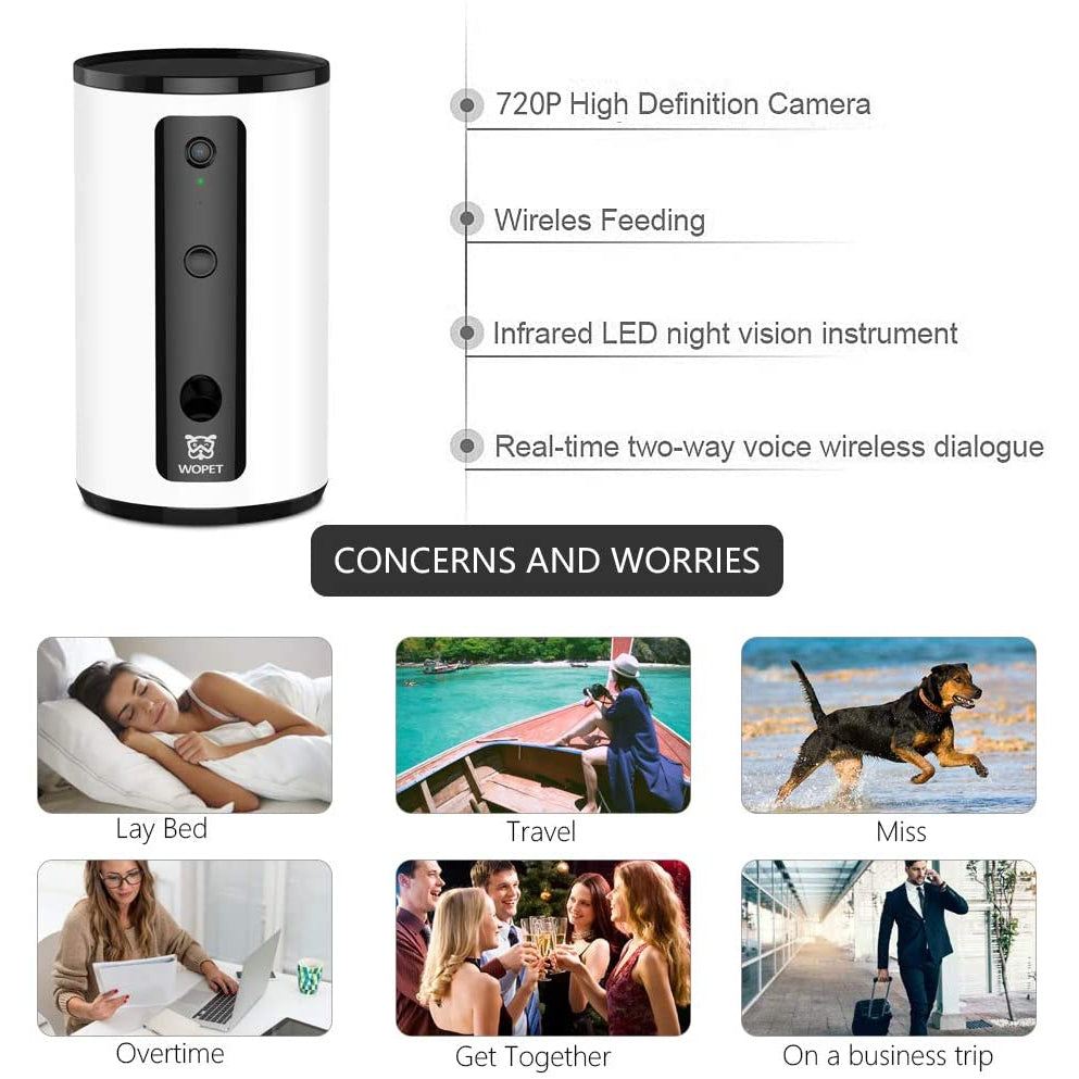 Wopet Pet Dog Treat Dispenser Camera, Full HD WiFi Camera with Night Vision for Pet Monitor Viewing, Two Way Audio Communication for Dogs Cats Pets