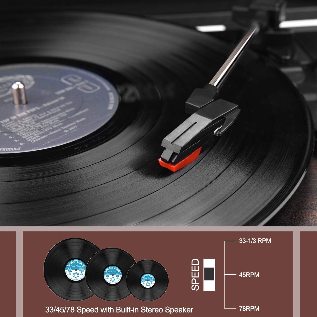 AETKFO Bluetooth Turntable 3-Speed Vinyl Record Player - Brown