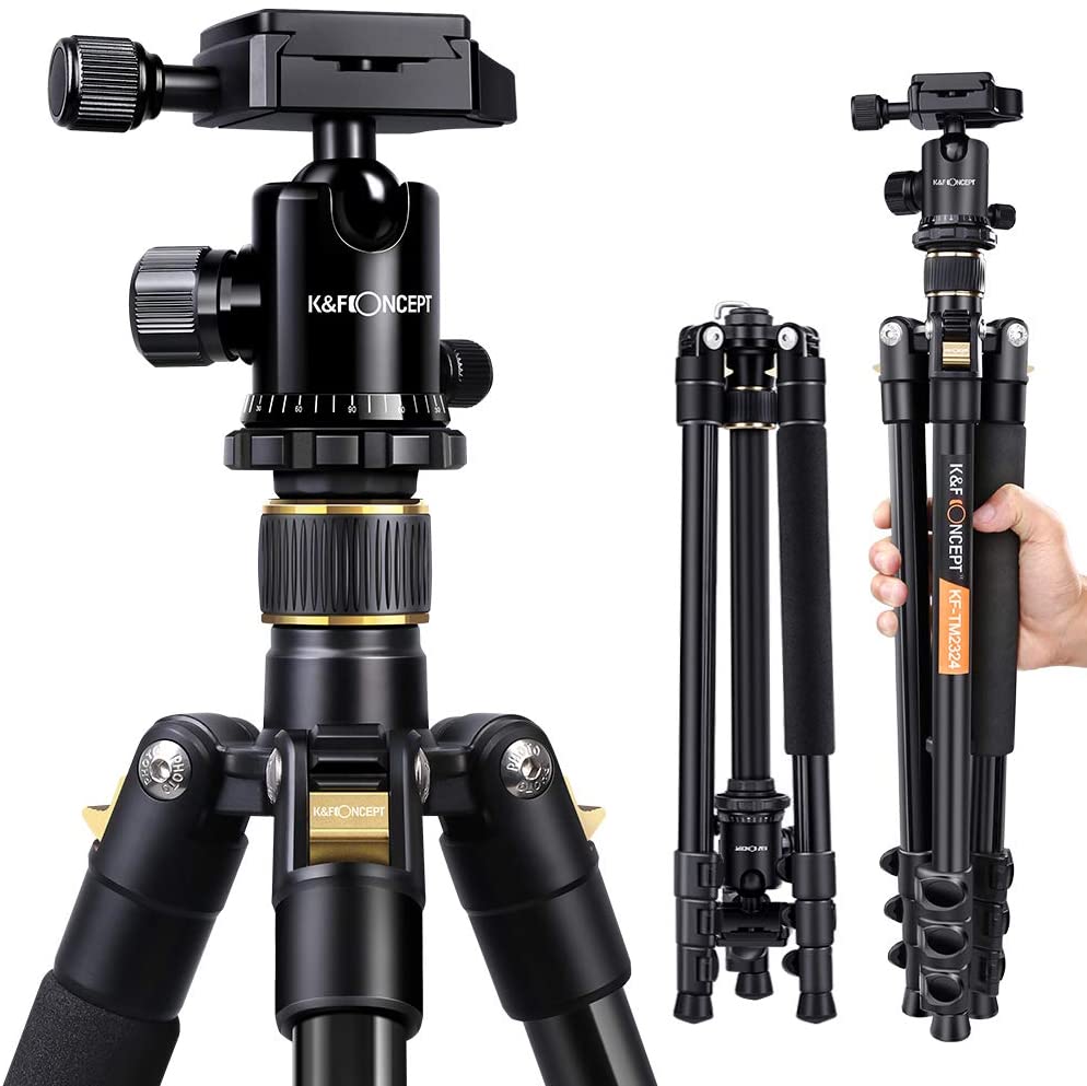 K&F Concept 62" Compact Light Aluminium Tripod with Quick Release Plate, Ball Head and Carrying Bag for Travel for DSLR Canon Nikon Sony Camera-Golden